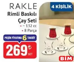 RAKLE RİMLİ BASKILI ÇAY SETİ 132 CC 4 KİŞİLİK 8 PARÇA